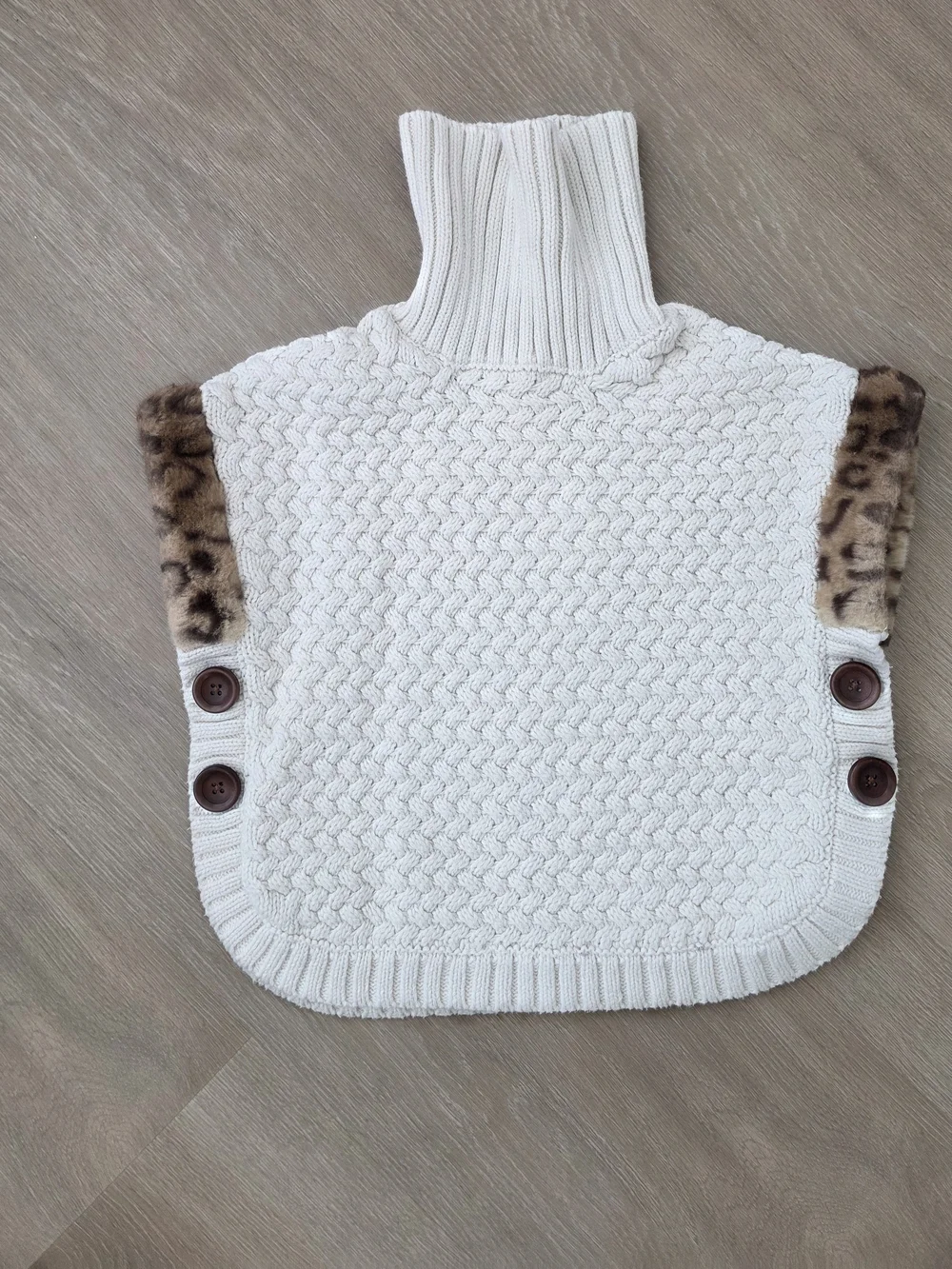 Cream Knit Poncho with Leopard Trim